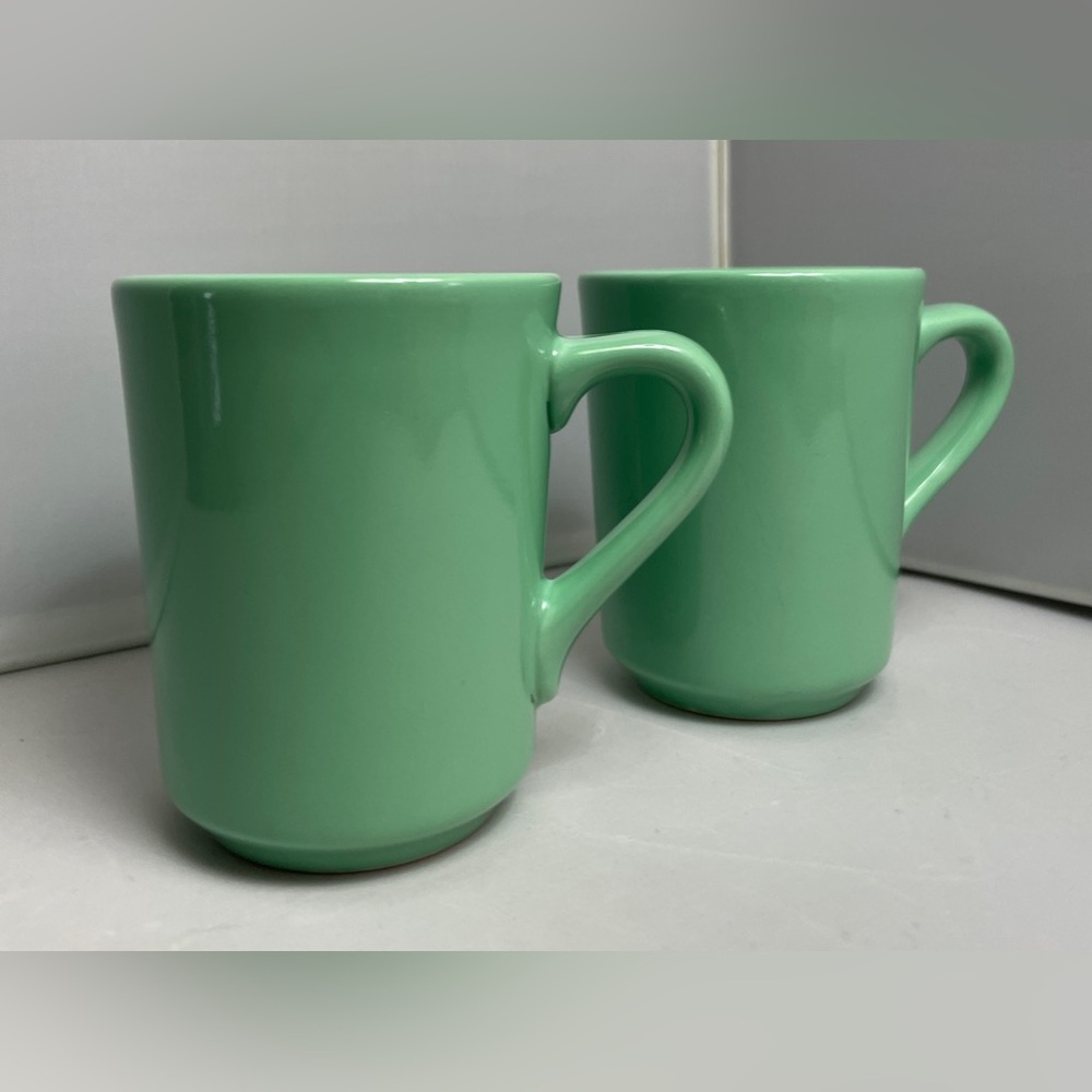 Pair Homer Laughlin Seamist Green Ceramic Coffee Mug Set HLC USA Vintage